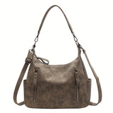 realaiot  Large Capacity Retro Style Shoulder Bag, Solid Color Handbag For Women, Trendy Zipper Commuter Bag