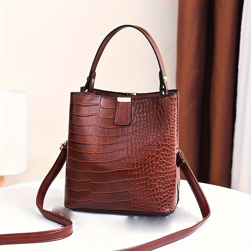 realaiot  Retro Crocodile Pattern Handbag, PU Leather Casual Shoulder Bag, Practical Fashion Commuter Bag