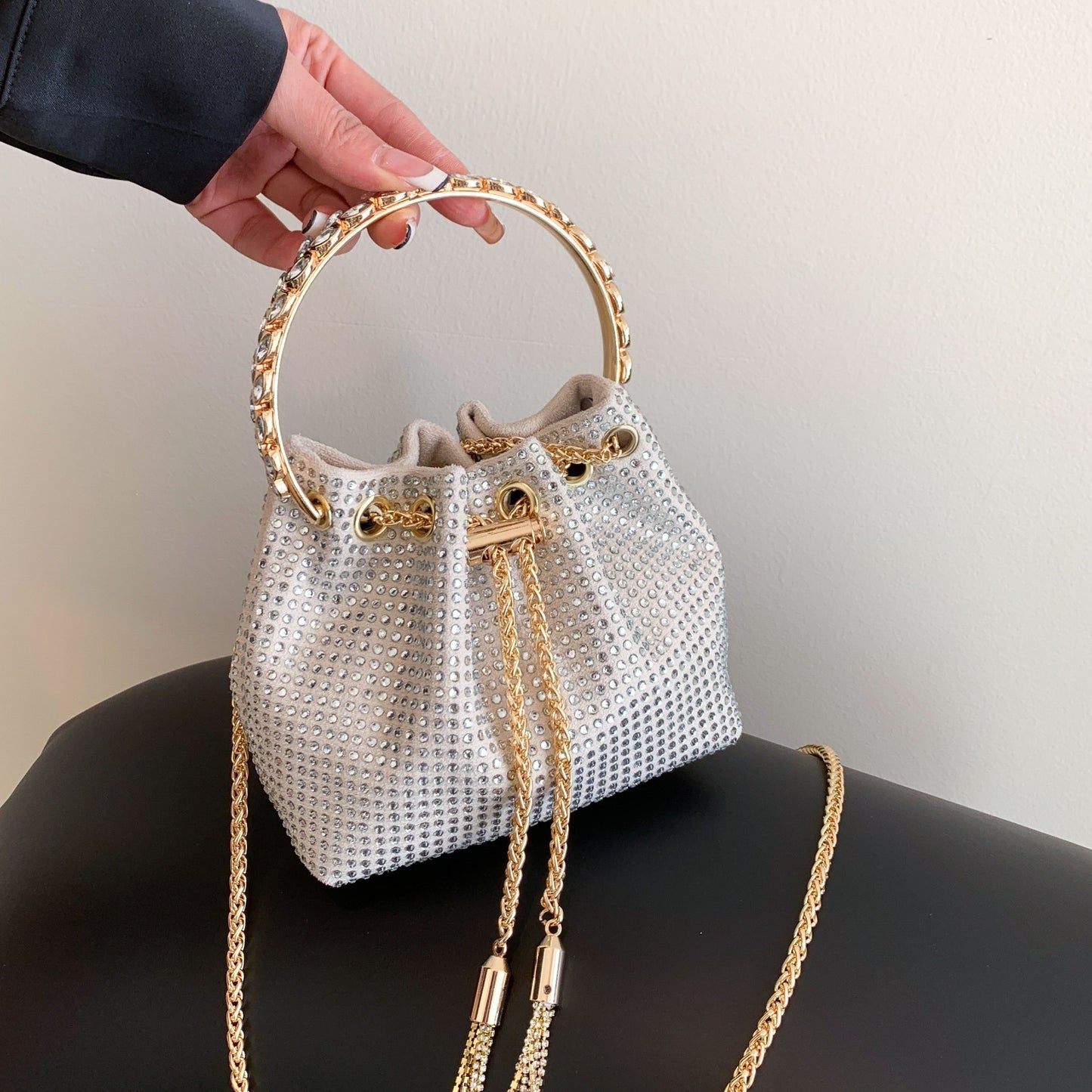 realaiot  Rhinestone Bucket Bag, Women's Top Ring Clutch Purse, Drawstring Crossbody Bag For Evening Prom Wedding Best Gifts for Carnaval