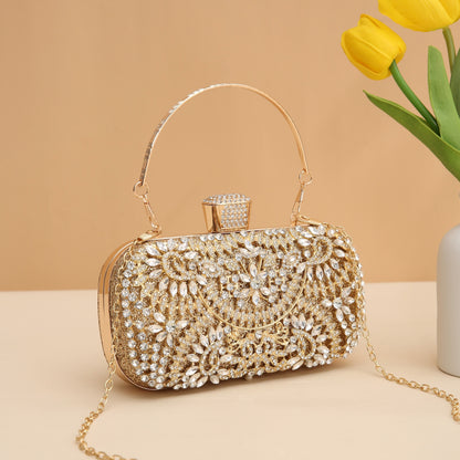 realaiot  Rhinestone Luxury Clutch Bag, Flower Pattern Evening Shoulder Bag With Chain For Party & Dinner