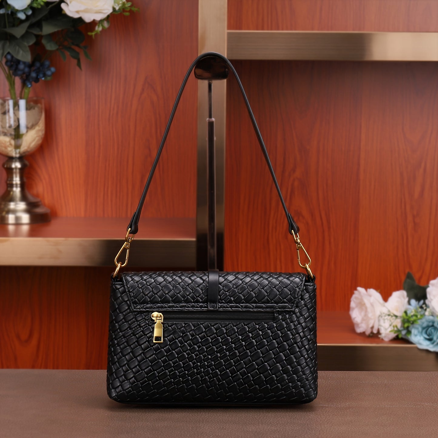 Trendy Woven Shoulder Bag, Luxury Solid Color Handbag, Women's Buckle Flap Purse Square Handbag