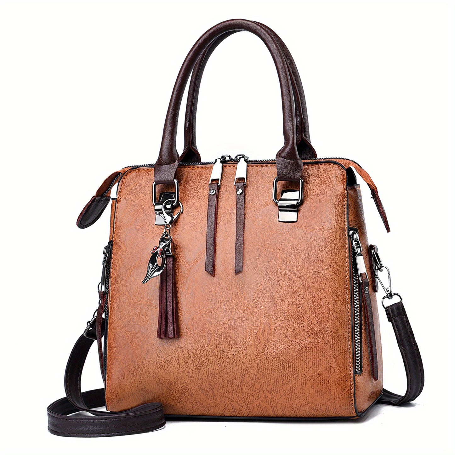 Tassel Decor Satchel Bag, Fashion PU Leather Shoulder Bag, Women's Double Handle Office & Work Purse