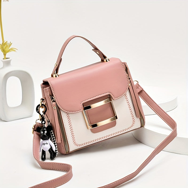 Fashion Color Contrast Handbag, Women's Buckle Decor Crossbody Bag, Elegant Top Handle Mini Square Purse