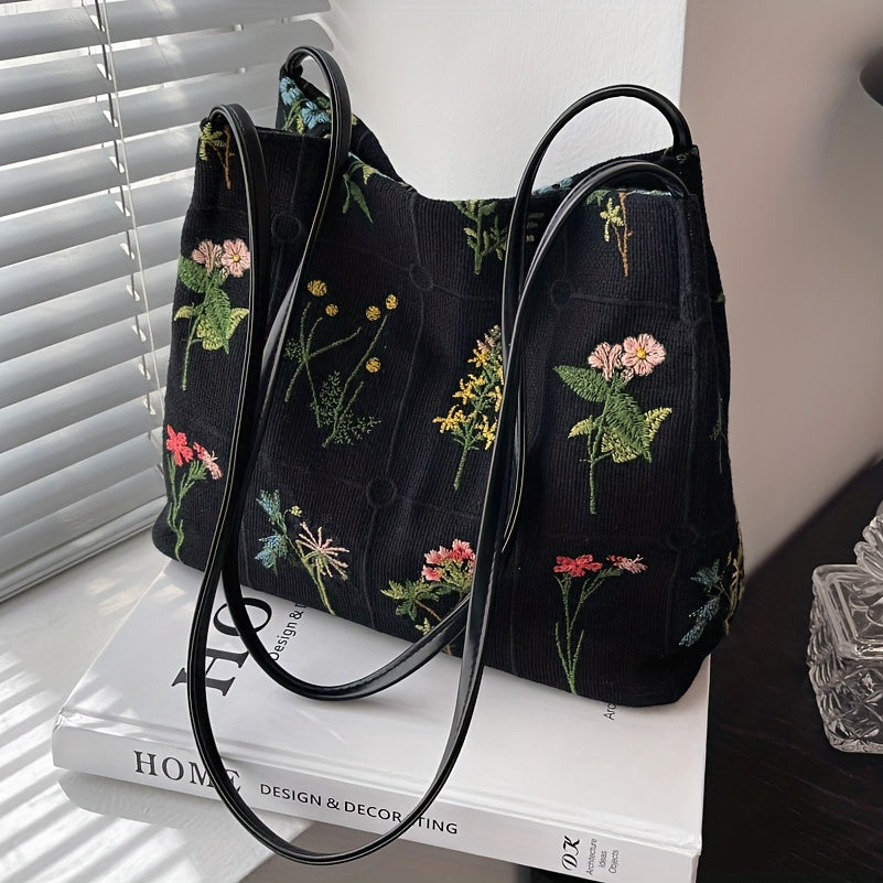 realaiot  Floral Embroidery Shoulder Bag, Vintage Daily Bucket Bag, Fashion Handbags For Women