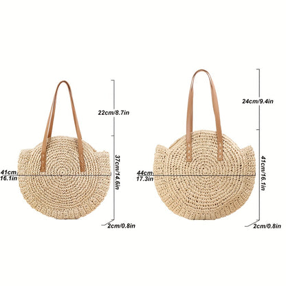 realaiot  Hollow-Out Straw Handbag, Fashion Woven Beach Bag, Round Large Capacity Shoulder Bag