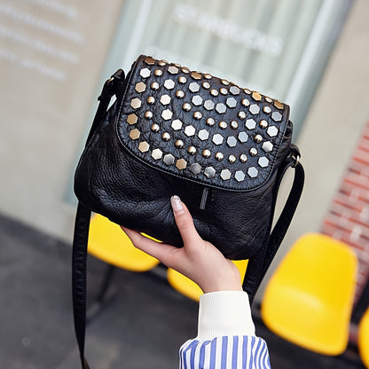 realaiot  Retro Style Mini Rivets Decor Flap Square Shoulder Bag, Classic Black Novelty Crossbody Bag For Women