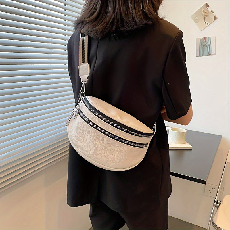 realaiot  Large Capacity Zipper Crossbody Bag, Striped Strap Adjustable Fashion PU Leather Versatile Shoulder Bag For Women