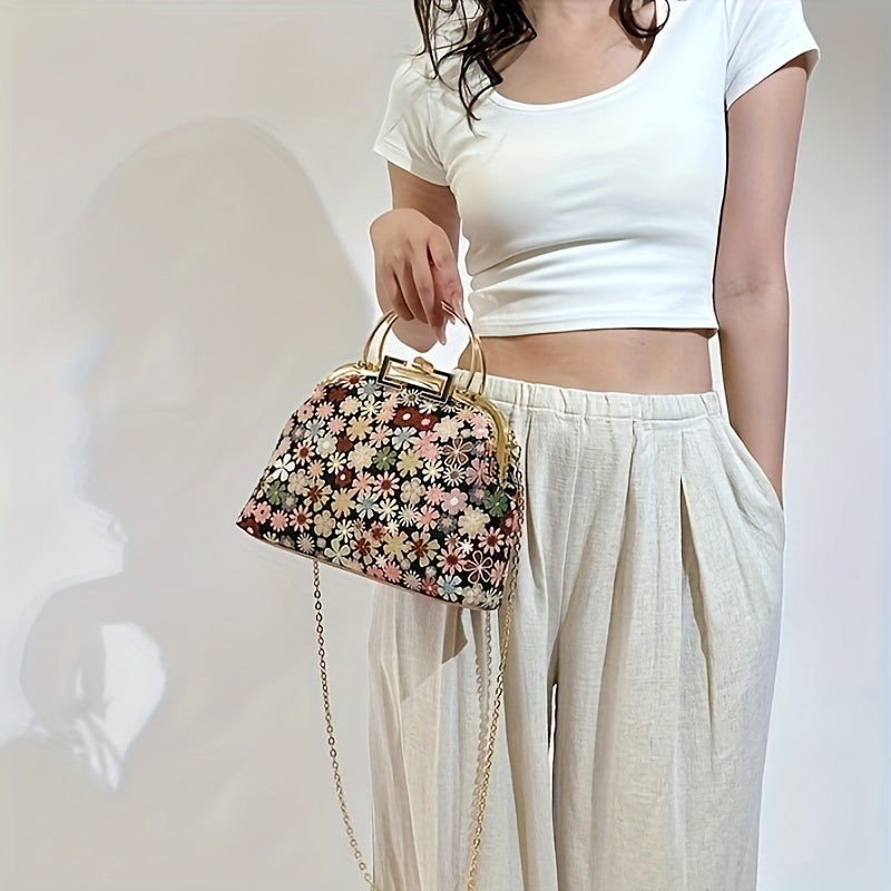 Vintage Flower Graphic Handbag, Top Ring Clip Purse For Women, Elegant Chain Crossbody Bag