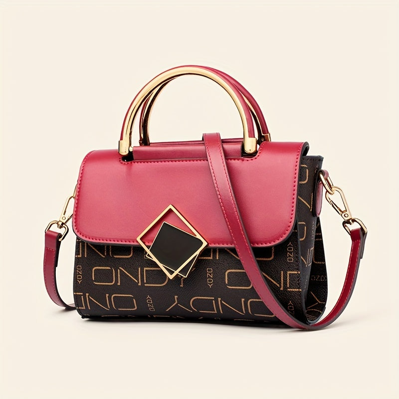 realaiot Classic Letter Print Handbag, Color Contrast Crossbody Bag, Women's Top Handle Flap Purse