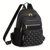 realaiot  Quilted Zipper Backpack Purse, Classic Studded Decor Daypack, Women's Stylish Preppy School Bag & Book Bag