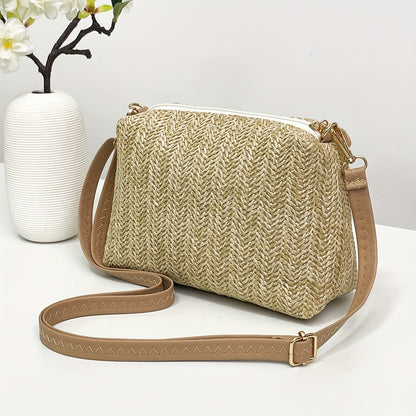 realaiot  Fashion Straw Crossbody Bag, Bohemian Woven Shoulder Bag, Women's Mini Travel Beach Bag