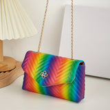 Chevron Quilted Crossbody Bag, Rainbow Design Square Purse, Fashion Chain Shoulder Bag