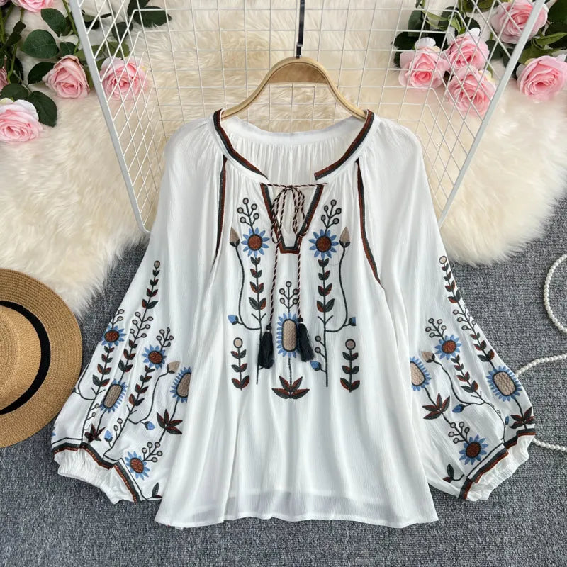 TEELYNN BOHO blouse cotton floral embroidered blouses tassel long lantern sleeve loose Casual hippie women tops blouse and shirt 210315