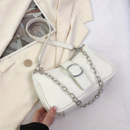 realaiot  Metal Chain Versatile Shoulder Bag, PU Leather Solid Color Square Bag, Buckle Decor Underarm Bag