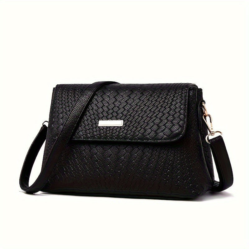 realaiot  Woven Pattern Crossbody Bag, Stylish PU Leather Flap Purse, Simple Shoulder Bag For Women