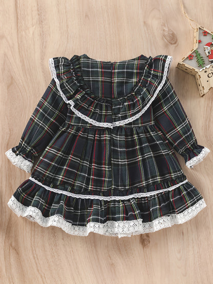 Toddler Girls' Cute Cotton Blend Plaid Dress with High Neck and Ruffle Details, Woven Non-Stretch Fabric, Perfect Fall Season Princess Puff Dress for Christmas Events