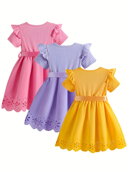 3pcs Girls Adorable Cartoon Character Print Casual Dress Set - Ruffle, Hollow-Out Design, Short Sleeve, Bowknot Belt, Polyester Fabric, Slight Stretch, Regular Fit, Alphabets Pattern, Summer Wear, Knit Fabric