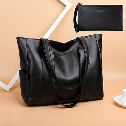 1pc Solid Color Durable Shoulder Bag, Large Capacity Trendy Handbag, PU Leather Zipper Portable Double Handle Tote Bag