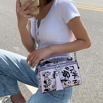 Graffiti Handbags For Women, Trendy Chain Crossbody Bag, Small Zipper Box Purse