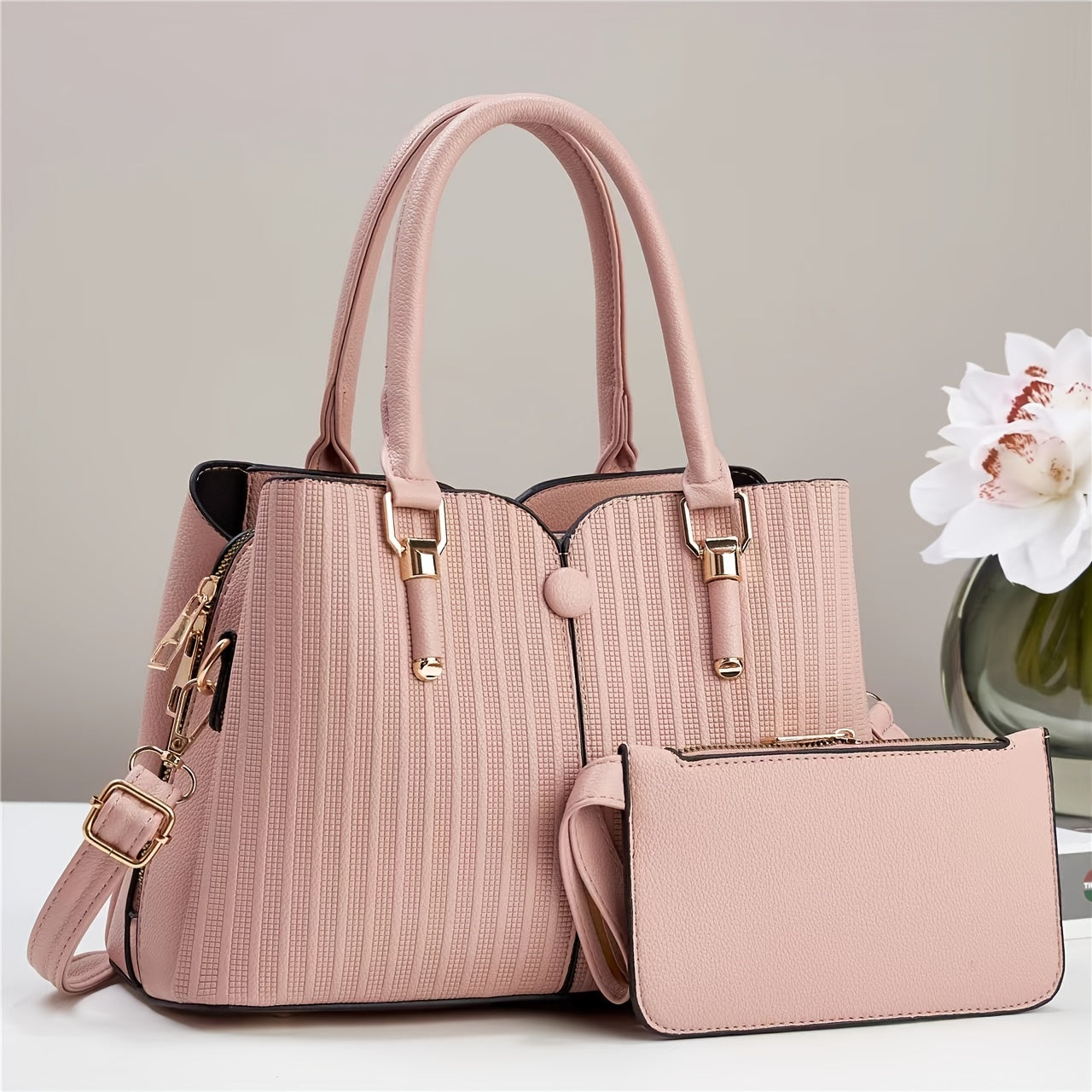 realaiot  2pcs Striped Tote Bag Set, Fashion Solid Color Handbag, Women's Crossbody Bag With Clutch Coin Purse