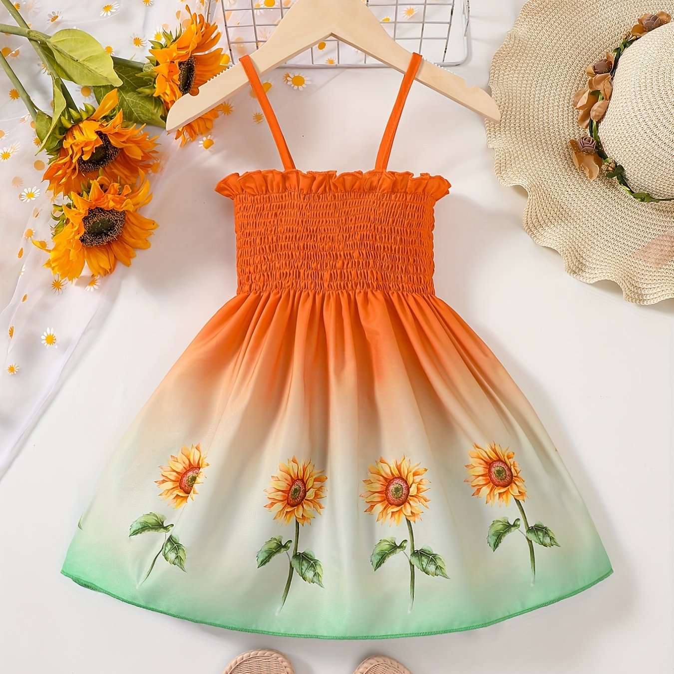 Toddler Girls Gradient Color Sunflower Graphic Frill Trim Shirred Cami Princess Dress For Party Beach Vacation Kids Summer Clothes 4th Of July Outfit