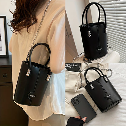 realaiot  Mini Metal Chain Barrel Crossbody Bag, PU Leather Top Handle Bag Purse, Creative Versatile Fashion Shoulder Bag