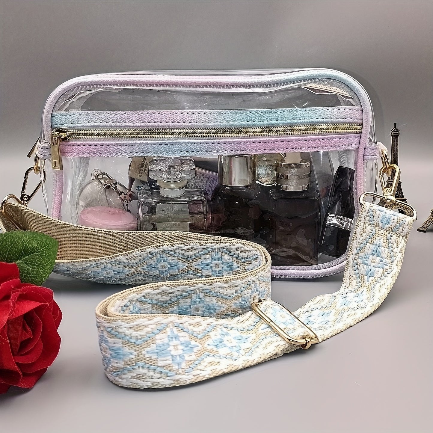 Transparent Square Crossbody Bag, PVC Clear Embroidery Wide Strap Cosmetic Bag Purse, Versatile Fashion Shoulder Bag