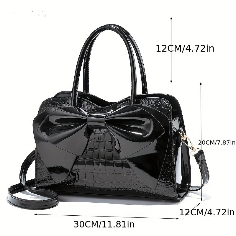 Trendy Crocodile Pattern Bow Tote Bag, All-match Solid Color Multi-pocket Shoulder Bag, Perfect Handbag For Commuting