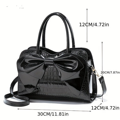 Trendy Crocodile Pattern Bow Tote Bag, All-match Solid Color Multi-pocket Shoulder Bag, Perfect Handbag For Commuting