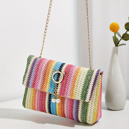 realaiot  Rainbow Straw Woven Beach Bag, Fashion Chain Crossbody Bag, Colorful Stripes Square Purse