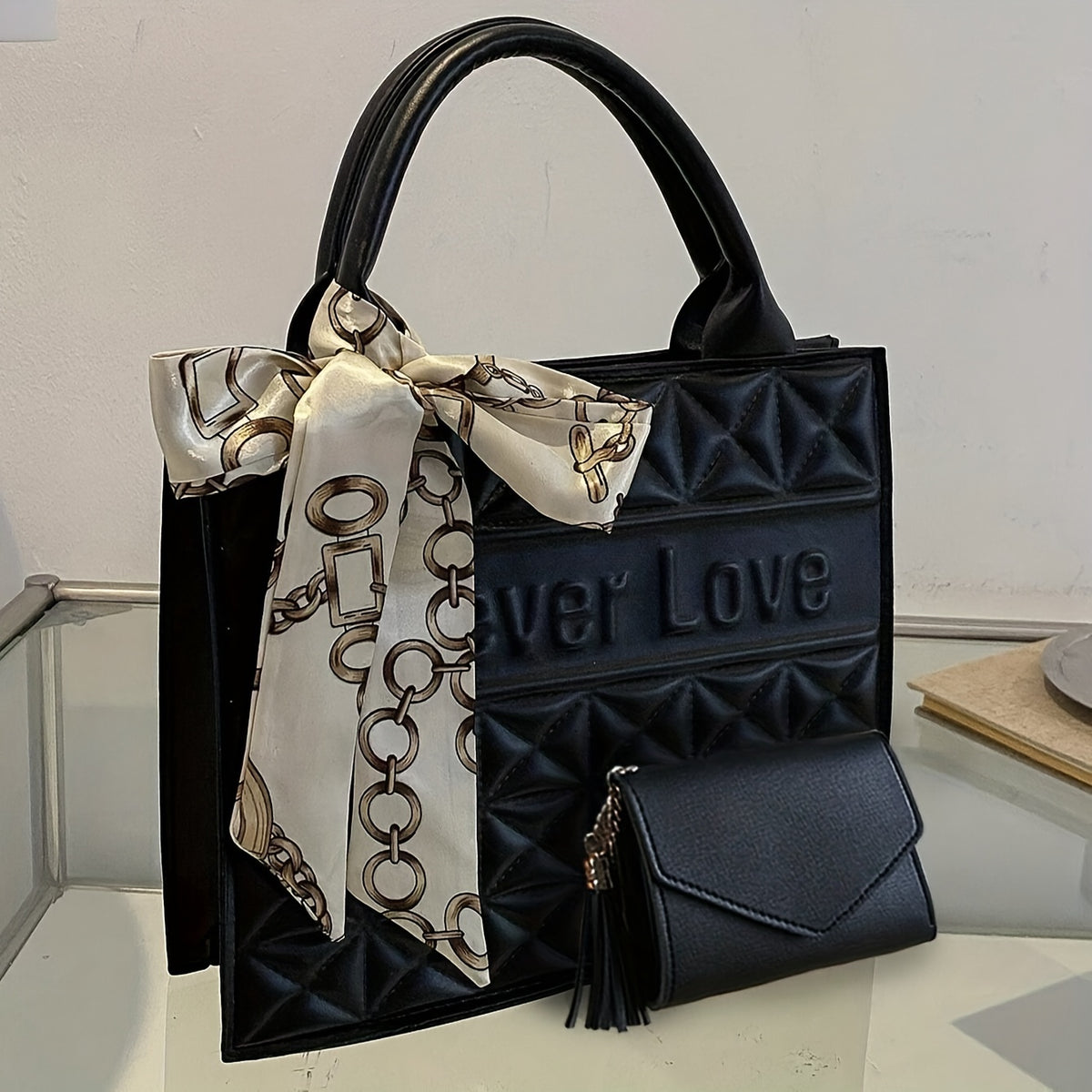 2pcs/set Fashion Embossed Tote Bag, Trendy Scarf Decor Bag, Women's Casual Handbag & Purse
