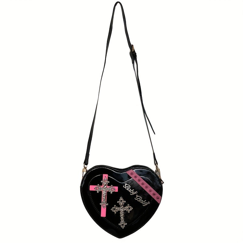 Y2K Heart Shaped Crossbody Bag, Punk Style Studded Decor Purse, Trendy Sweet Cool Shoulder Bag For Girls Women