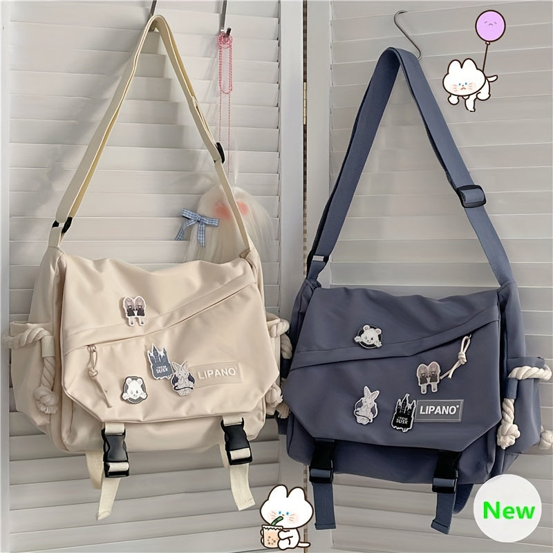 realaiot  Kawaii Pins Decor Messenger Bag, Release Buckle Decor Flap Crossbody Bag, Large Capacity School Bag