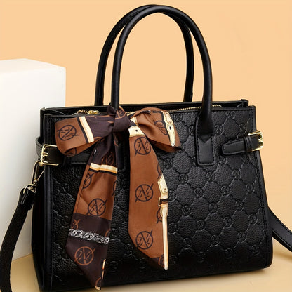 Classic Black Geometric Pattern Handbag, Scarf Decor Top Handle Handbag, PU Leather Elegant Shoulder Bag