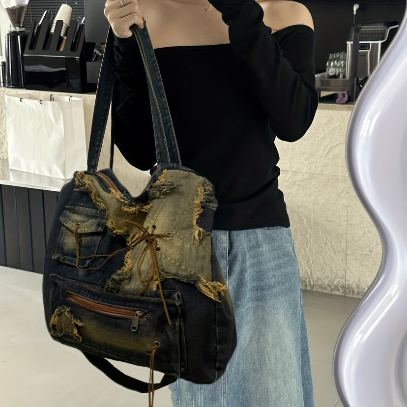 Vintage Grunge Shoulder Bag, Retro Denim Tote Bag, Women's Hippie Y2K Handbag, Crossbody Bag & Hobo Purse