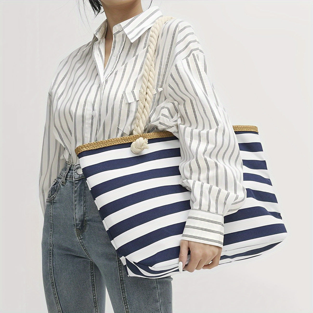 realaiot  1pc Stylish Striped Canvas Tote Bag with Large Capacity for Women - Perfect for Beach, Travel, and Everyday Use