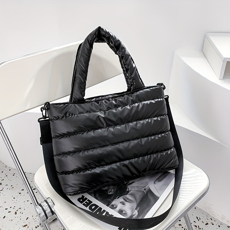 Soft Quilted Tote Bag, Large Capacity Zipper Shoulder Bag, Detachable Adjustable Strap Portable Double Handle Handbag