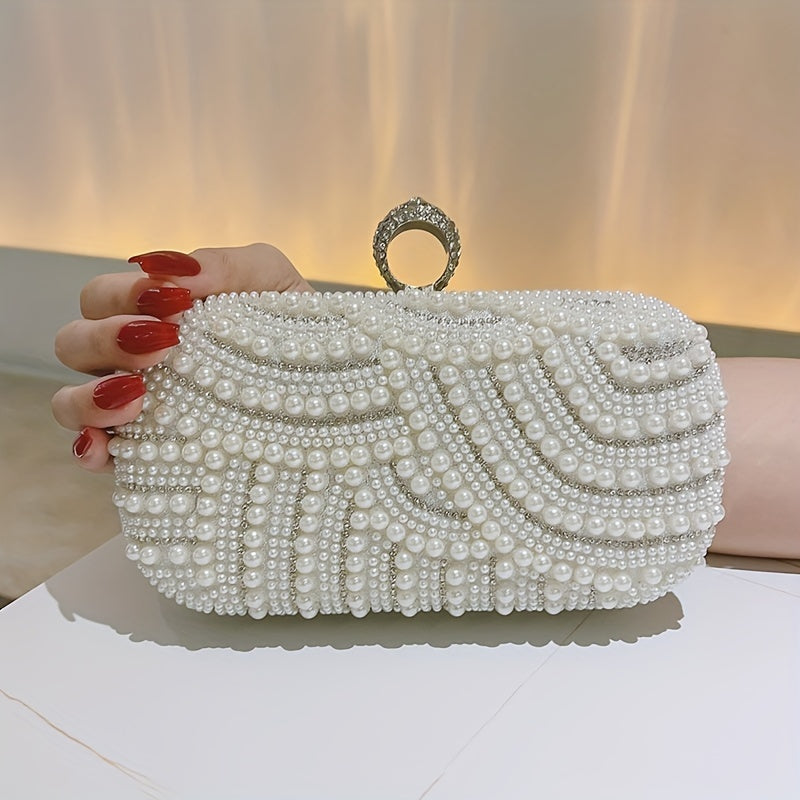 realaiot  Elegant Pearl Rhinestone Clutch, Glitter Dinner Clutch Purse, Classic Banquet Handbag For Wedding Party Prom