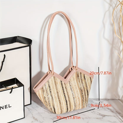 realaiot  Striped Straw Shoulder Bag, Rainbow Design Summer Beach Bag, Women's Woven Holiday Style Handbag