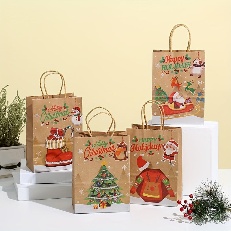 8pcs Christmas Series Kraft Paper Gift Bags With Handles, For Festive Holiday Parties Birthdays Candy Gifts Packaging, Cartoon Elk Snowman Christmas Tree Hat And Other Printed Tote Bag For Christmas Presents, Portable, Easy To Carry - Perfect For Mom, Dad