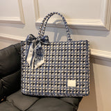 Stylish Plaid Large Capacity Tote Bag, Shoulder Bag With Silky Scarf, Perfect Handbag For Daily Use