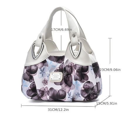 realaiotFloral Print Top Handle Tote Bag, Fashion PU Satchel Bag, Women's Trendy Casual Handbag & Purse