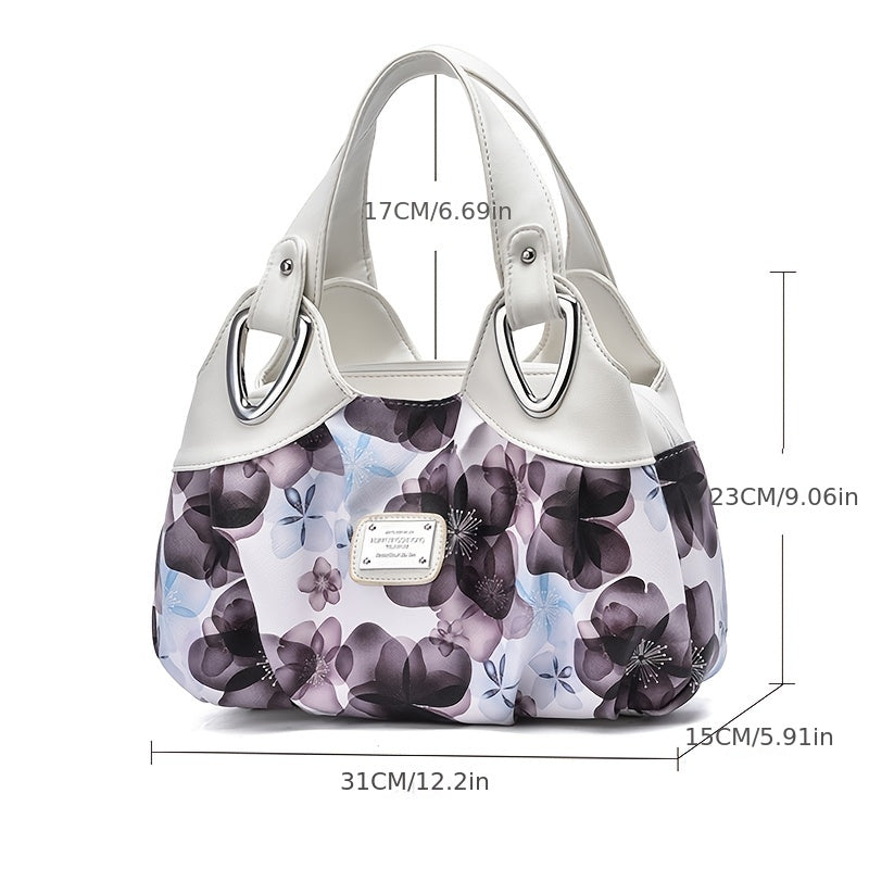 realaiot  Floral Print Top Handle Tote Bag, Fashion PU Satchel Bag, Women's Trendy Casual Handbag & Purse