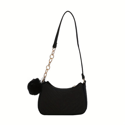 realaiot  Felt Crossbody Bag For Women, Fashion Chain Shoulder Bag With Plush Ball, Simple Mini Handbag & Zipper Purse