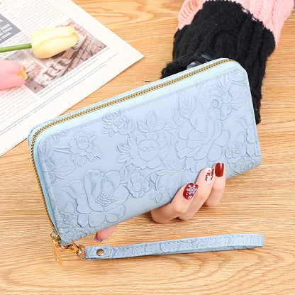 realaiot Women's Floral Embossed Long Wallet, Solid Color PU Leather Coin Purse, Trendy Zipper Card Holder Clutch Bag