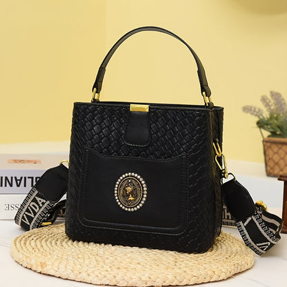 Woven Pattern Bucket Bag For Women, Trendy Mini Crossbody Bag, Retro PU Leather Handbag & Purse