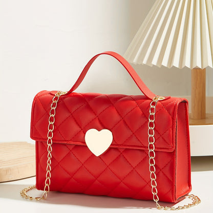 realaiot Argyle Quilted Chain Crossbody Bag, Heart Decor Flap Purse, Women's Lovely Square Handbag Valentine's Day gift