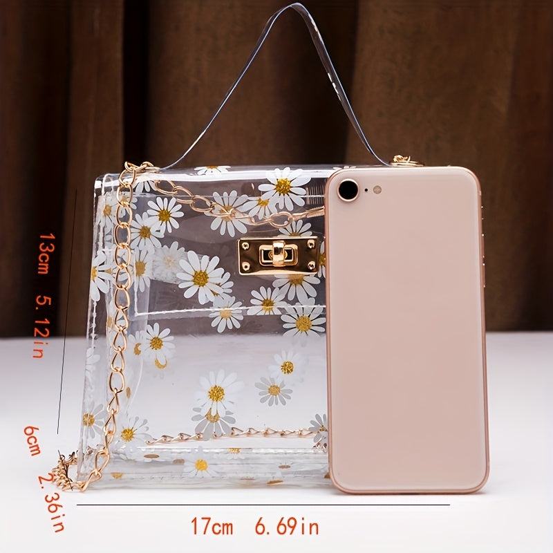 Daisy Pattern Transparent Shoulder Chain Bag, Stylish Turn-Lock Handbag, Women's Purse