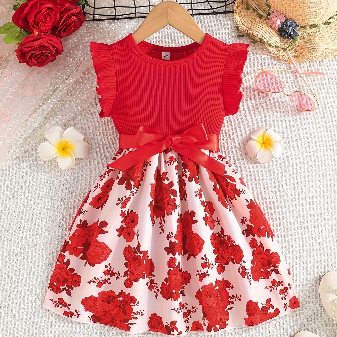 Charming Sweet Girls Floral Spliced Dress - Soft 93% Cotton, Perfect for Summer Parties & Gifts