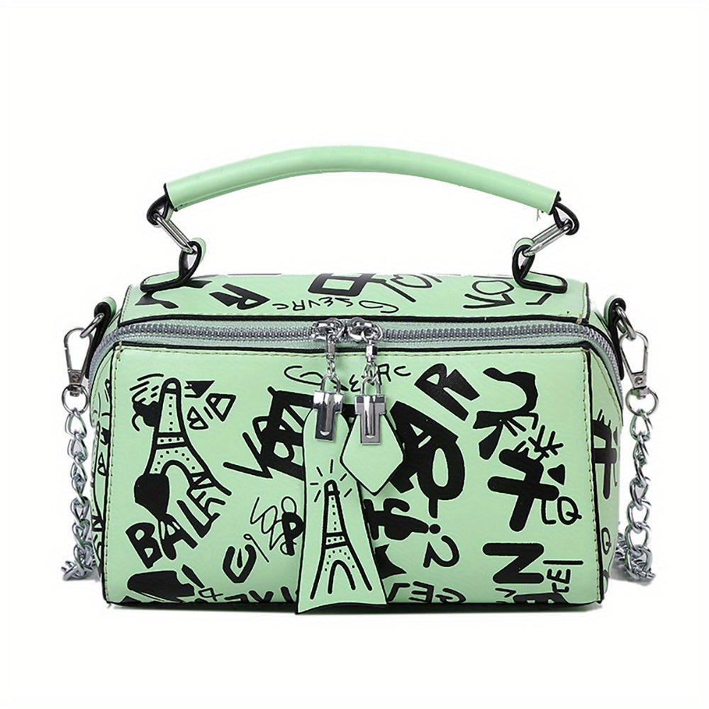 Graffiti Handbags For Women, Trendy Chain Crossbody Bag, Small Zipper Box Purse